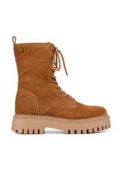 Brown leather women's ankle boots BUTYD-1004-88(Z25), product view from the side on a white background.