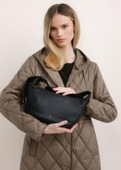 Black leather shoulder bag TORES-1317-99(Z26), front view of the product held in a model's hands.