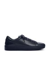 Navy blue leather sports shoes BUTYM-0503A-7E(W26), side product view on white background.