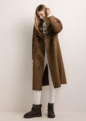 Long brown women's shearling coat KOZDP-0019-1H(Z26), front view on a model. Full-body shot.