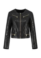 Women's black leather jacket with zippers KURDS-0419-1040(W23)-04