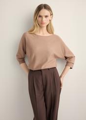 Women's camel blouse BLUDT-0178-1D(Z26), front view of the product on the model. Half of the silhouette visible.