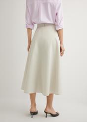 Beige midi skirt SPCDT-0123-1A(W26), back view of the product on the model. Half of the silhouette visible.