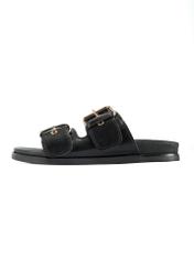 Black leather women's flip-flops BUTYD-1161-99(W25), product visible from the side on a white background.-02