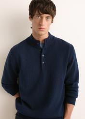 Men's dark navy blue sweater with a wool blend (SWEMT-0215-7E(Z26)); front view of the product on a model. Half of the figure is visible.