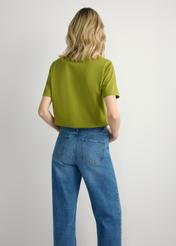 Women's olive basic T-shirt TSHDT-0120-8E(W26), back view of the product on the model. Half of the silhouette visible.