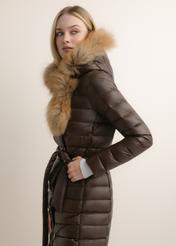 Dark brown long women's jacket with fur KURDT-0706-1I(Z26), side view of the product on the model. Half of the silhouette visible.