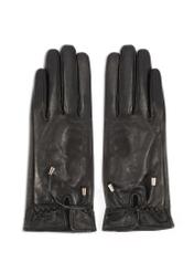 Women's leather gloves with ties REKDS-0021A-99(Z25), product view from the front on a white background.