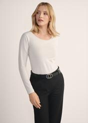 Beige women's blouse with long sleeves LSLDT-0038-81(KS), product view from the front on the model, half of the silhouette visible.