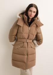 Beige women's winter jacket KURDT-0697-1B(Z26), front view on a model. Half-body shot.