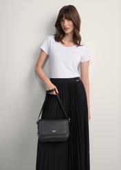 Women's black leather messenger bag TORES-0985D-99(Z25), front view of the product on a model, half of the silhouette visible.