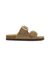 Women's leather flip-flops in cool beige color BUTYD-1158-1K(W26), side view of the product on a white background.