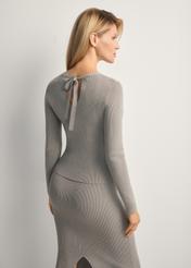 Silver ribbed women's blouse LSLDT-0050-91(Z25), back view of the product on the model. Half of the silhouette visible.