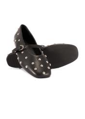 Women's black leather ballet flats with rhinestones BUTYD-1235-99(W26), diagonal product view on a white background.
