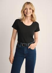 Black women's basic T-shirt TSHDT-0111-99(KS), front view of the product on the model. Half of the silhouette visible.