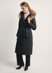 Women's long quilted jacket with duck down KURDT-0616-99(Z25), front view of the product on the model. Full body visible.