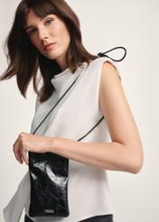 Black glossy bag TOREC-1114-99(Z25), front view of the product on a model, half of the silhouette visible.