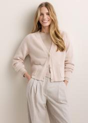 Light beige women's wool-blend cardigan KARDT-0071-1A(Z26), front view of the product on the model. Half of the silhouette visible.