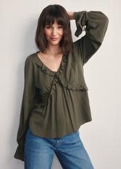 Women's khaki blouse BLUDT-0194-55(Z25), front view of the product on the model, half of the silhouette visible.-02