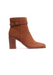 Cognac suede women's ankle boots with logo BUTYD-1214-1F(Z26), side view of the product on a white background.
