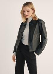 Women's leather button jacket KURDS-0578-3184(W25), front view of the product on a model, half of the silhouette visible.