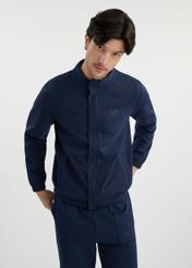 Navy blue men's zip-up sweatshirt BLZMT-0072-69(W25) - front view on a model on a white background. Half of the silhouette visible.