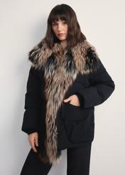 Women's black winter jacket with natural fur KURDT-0592-99(Z25) - front product view on white background. Half silhouette visible.