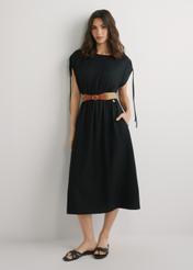 Black long dress with short sleeves SUKDT-0225-99(W26), front view of the product on the model. Full body visible.