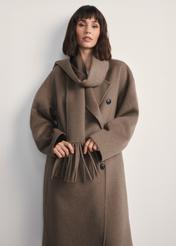 Women's dark beige coat with scarf PLADT-0063-82(Z25) - front view of the product on a model against a white background. Knee-length silhouette visible.