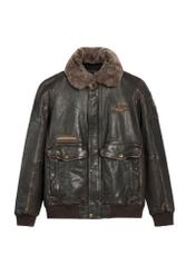 Brown leather jacket with collar KURMS-0380-1I(Z26), front product view on white background.