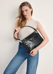 Croco leather women's handbag TORES-1130E-99(Z 25) - front view of the product on a model on a white background. Knee-length silhouette visible.