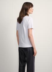 Women's white T-shirt with print TSHDT-0146-12(Z25), back view of the product on the model. Half of the silhouette visible.