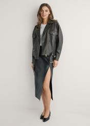 Women's oversize brown leather biker jacket KURDS-0608-1I(W26), front view of the product on the model. Full body visible.