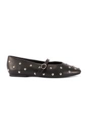 Women's black leather ballet flats with rhinestones BUTYD-1235-99(W26), side view of the product on a white background.