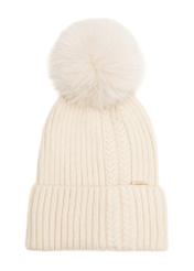 Cream women's hat with pompom CZADT-0216-16(Z25), product view from the front on a white background.