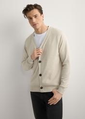 Men's light beige cotton cardigan KARMT-0003-1A(W26), front product view on model. Half silhouette visible.
