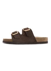 Women's dark brown leather flip-flops BUTYD-1158-1I(W26) - side view of the product, on a white background.