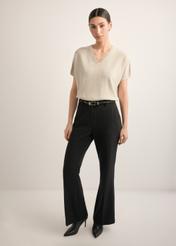 Beige women's knit blouse BLUDT-0214-1A(Z26), front view of the product on the model. Full body visible.