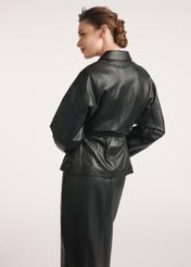 Black women's leather jacket with ties KURDS-0547-2861(Z25), product view from the back on the model, half of the silhouette visible.