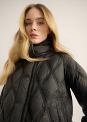 Black women's transitional jacket KURDT-0664-99(Z26). Front view of the product on a model. Close-up view.