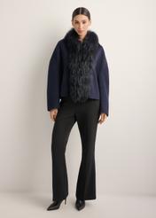 Women's short wool fur coat in navy blue FUTDW-0038-7E(Z26), front view of the product on the model. Full body visible.