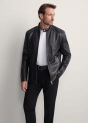 Men's leather jacket with stand-up collar KURMS-0298L-1040(KS), front product view on model. Half silhouette visible.