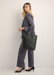 Black leather shopper bag TORES-1312-99(Z26), product view on model's shoulder. Full body visible.