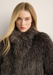Women's short brown fur coat FUTDP-0086-1H(Z26), front view of the product on the model. Close-up of the model's face.
