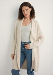 Beige women's cardigan KARDT-0041-1A(W26), front view of the product on the model. Full body visible.