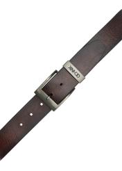 Men's dark brown leather belt PASMS-0274-88(Z25), view of the buckle of the product on a white background.