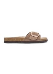 Women's leather flip-flops in camel color BUTYD-1157-1D(W26), side view of the product on a white background.