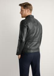 Men's leather jacket with stand-up collar KURMS-0301-99(W26), product view from the back on the model, half of the silhouette visible.