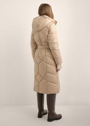 Long beige women's jacket KURDT-0701-1D(Z26), back view of the product on the model. Full body visible.