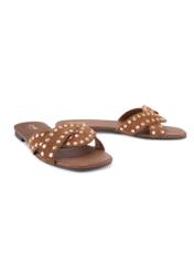 Camel leather women's mules with rhinestones BUTYD-1226-1D(W26), diagonal product view on a white background.